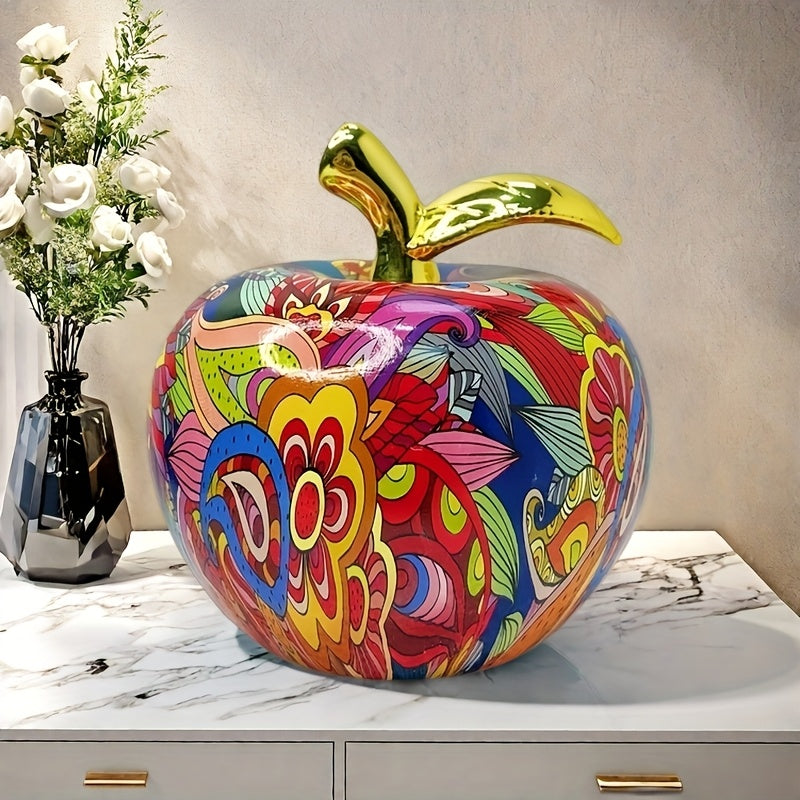 Appel sculptuur – kleurrijk handbeschilderd kunstobject van hars voor tafeldecoratie en feestelijk cadeaugebruik