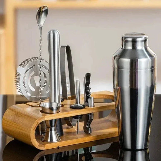 Cocktailset Van Roestvrij Staal Met Bamboe Standaard Voor Dagelijks Mixen