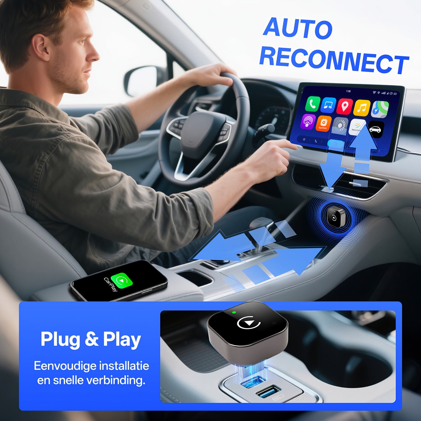 Draadloze CarPlay & Android Auto Adapter – 2-in-1 USB/USB-C Plug & Play voor iPhone & Android