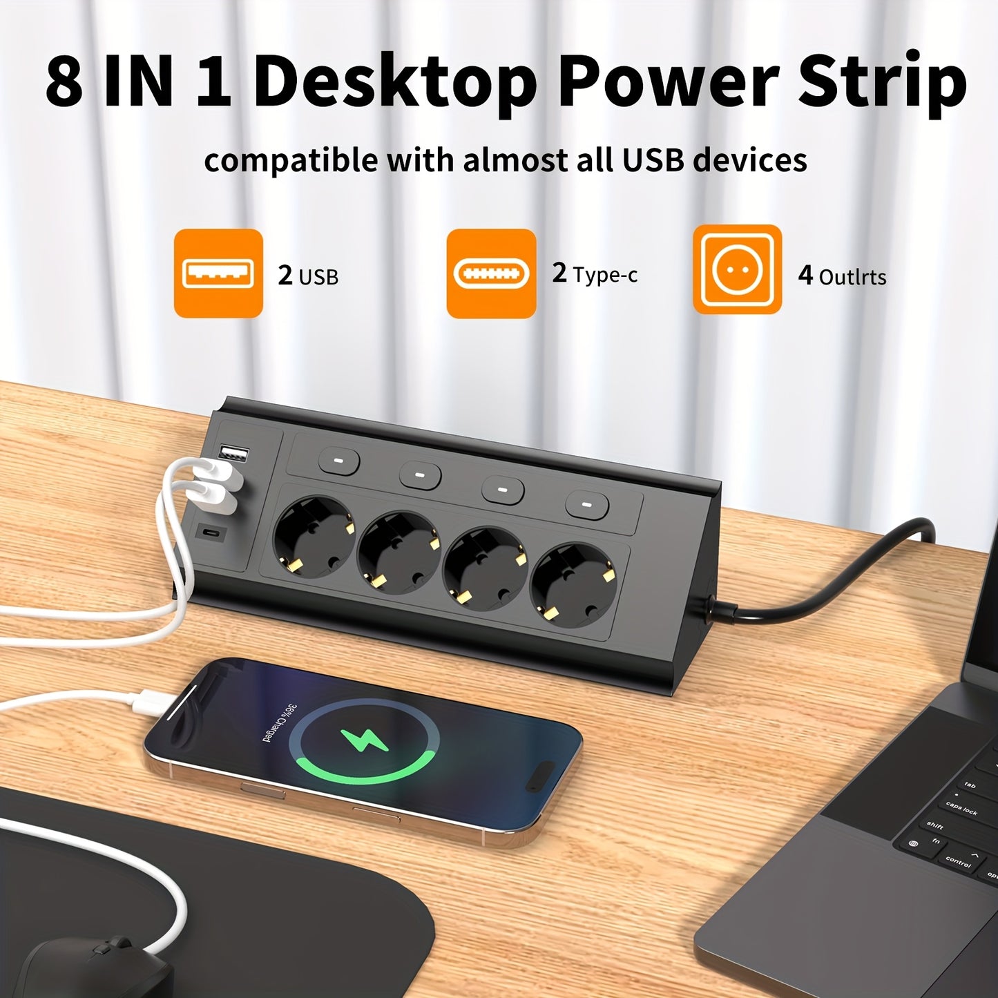 8‑in‑1 EU Stekkerdoos met USB & Type‑C