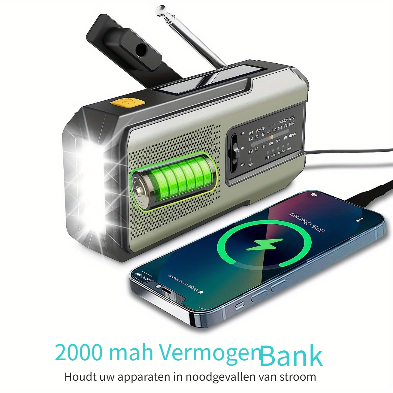 Draagbare Noodradio met Handzwengel, Zonnepaneel en LED‑Zaklamp