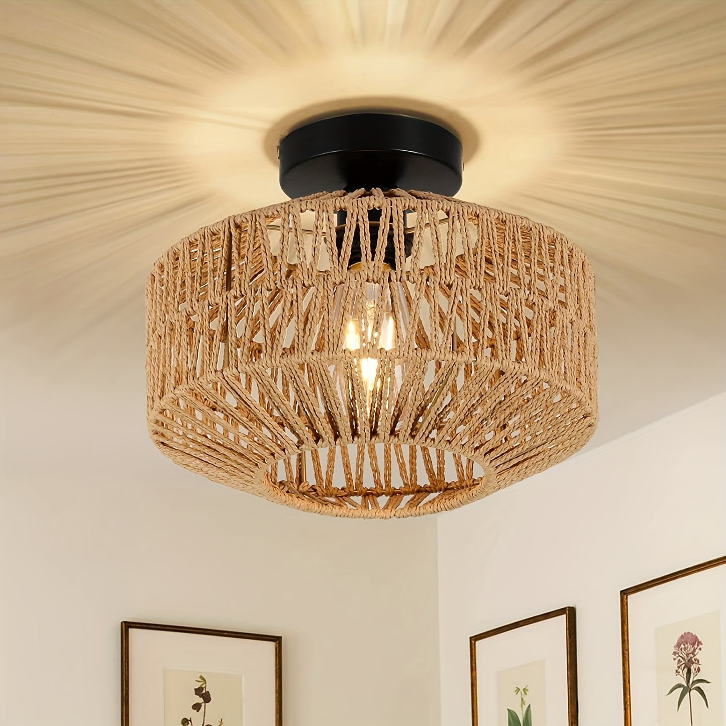 RattanGlow Plafondlamp – Bohemian Semi-Flushmount met Handgeweven Rotan Scherm