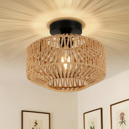 RattanGlow Plafondlamp – Bohemian Semi-Flushmount met Handgeweven Rotan Scherm