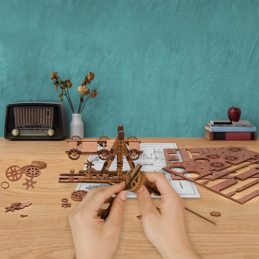 Middeleeuws katapultmodel – 3D houten puzzel voor bouwen, spelen en decoreren