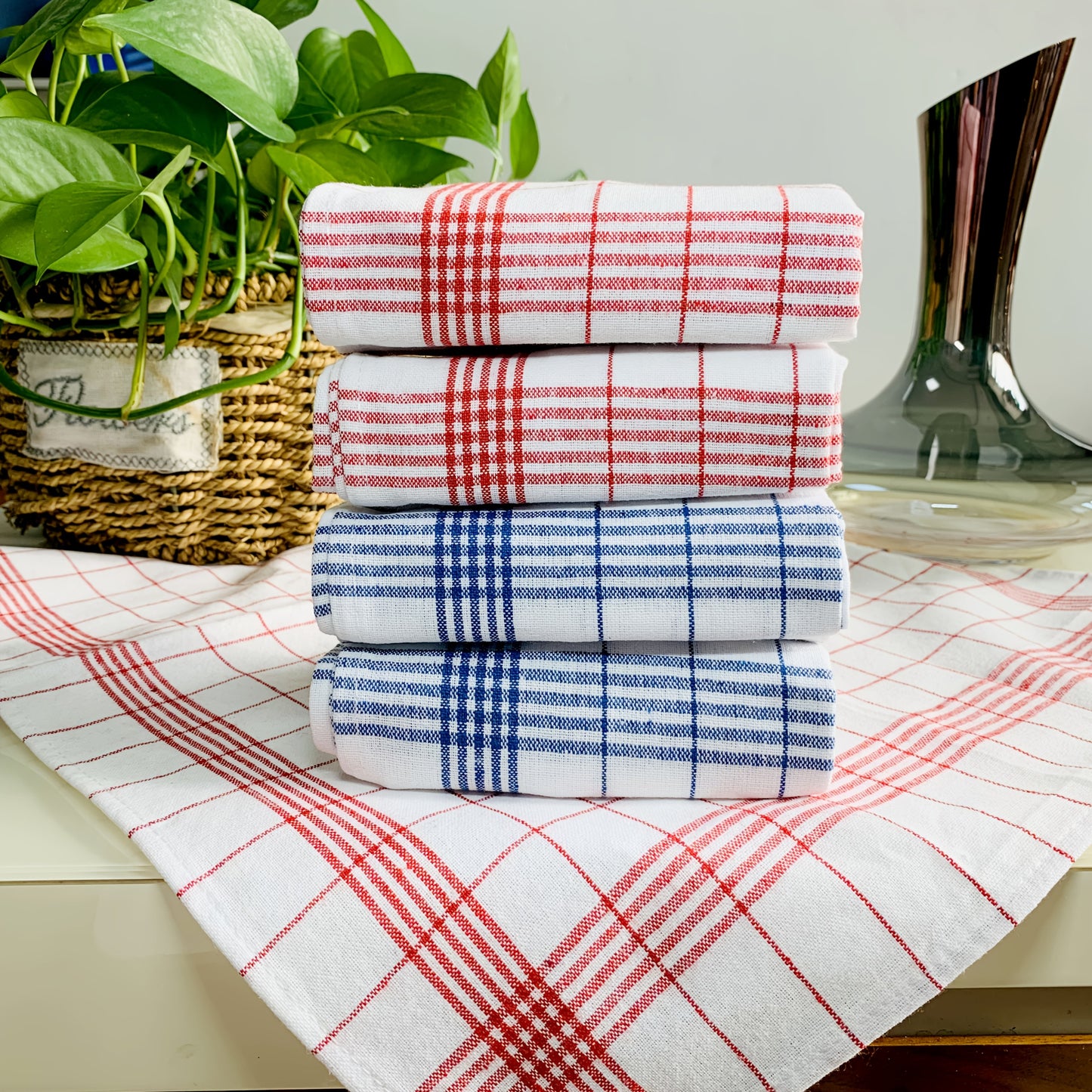 RetroCheck Theedoekenset – 10 Stuks Grote Geruite Keukendoeken van 100% Katoen