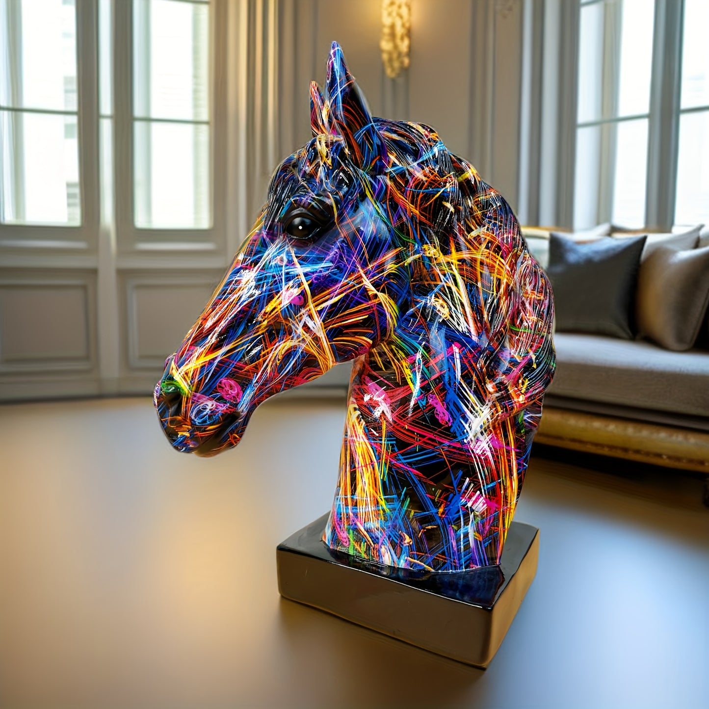 ColorBurst Paardenkop Sculptuur – Kleurrijk Abstract Ornament van Hars