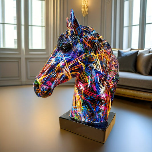 ColorBurst Paardenkop Sculptuur – Kleurrijk Abstract Ornament van Hars