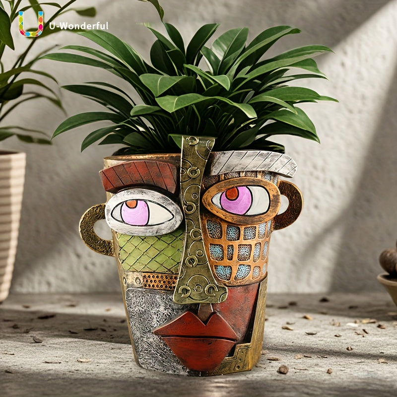 GeoFace Plantenbak – Abstract Gezicht in Retrostijl met Afvoergaten