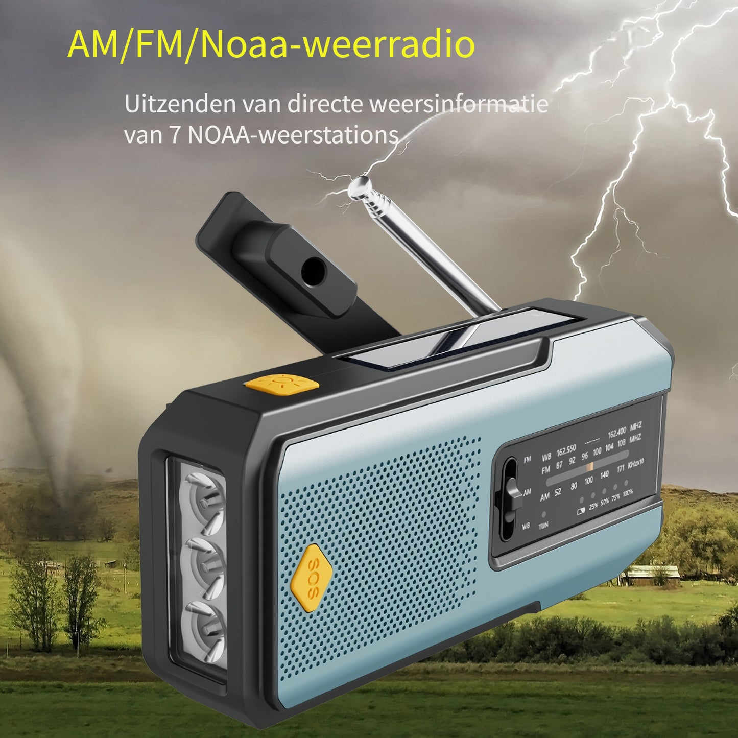 Draagbare Noodradio met Handzwengel, Zonnepaneel en LED‑Zaklamp