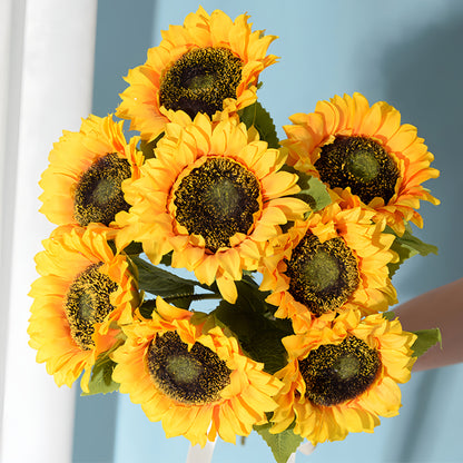 Kunst zonnebloemen boeket – 12 stuks met lange stelen en bladeren voor hangende decoratie en feestelijk gebruik
