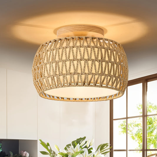 Boheemse rotan plafondlamp – handgeweven semi-flush armatuur voor boerderijdecor en sfeervolle binnenverlichting