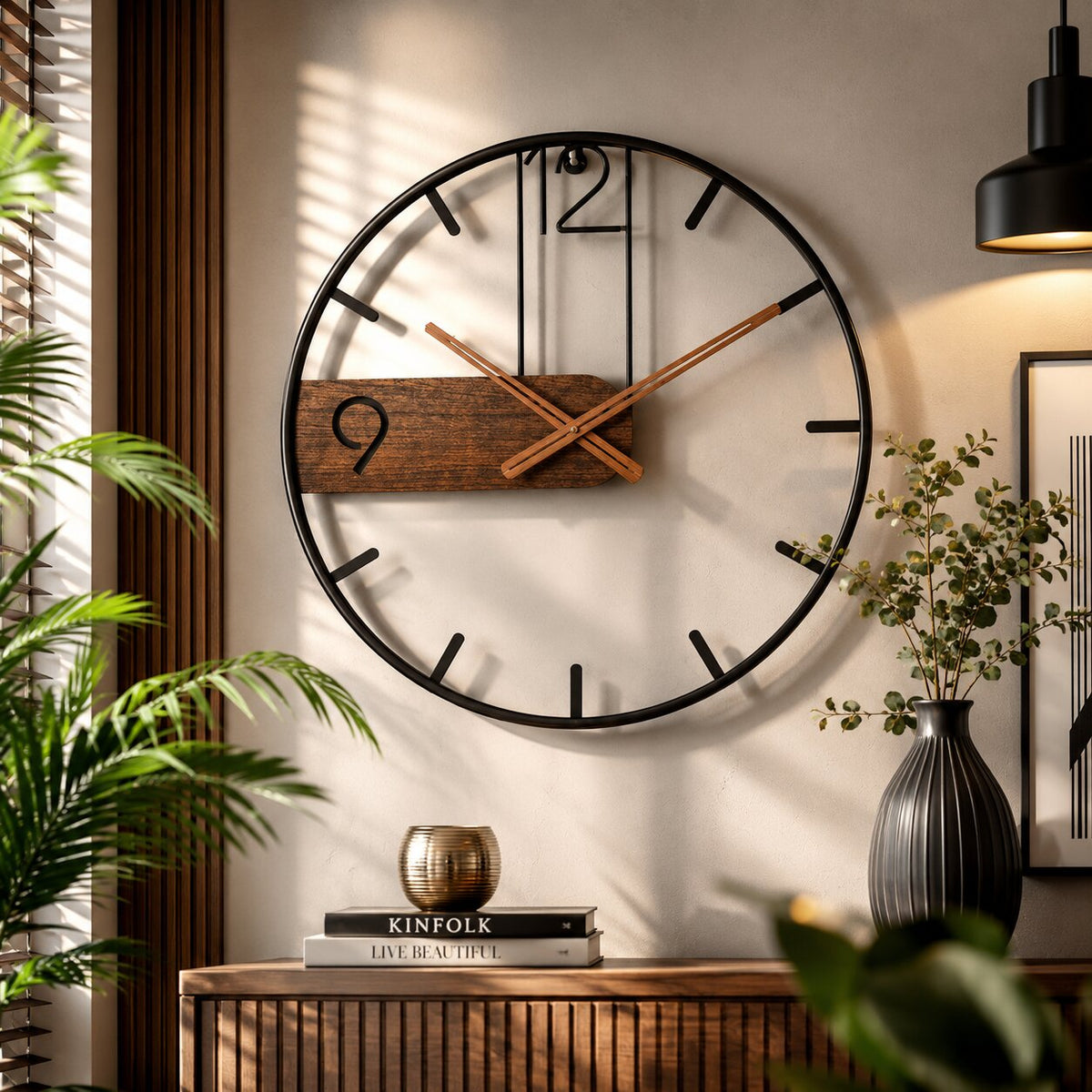 Moderne Wandklok met Stille Tijdsaanduiding en Hout‑Metaal Afwerking