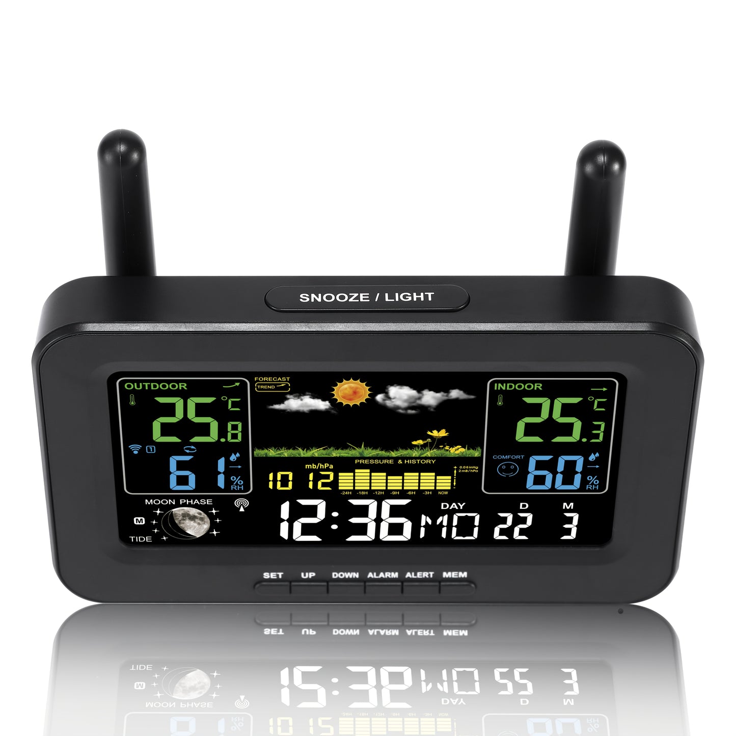 WFV Multifunctionele Atoomklok – Kleurenscherm met Kalender, Weersvoorspelling & USB-oplaadfunctie