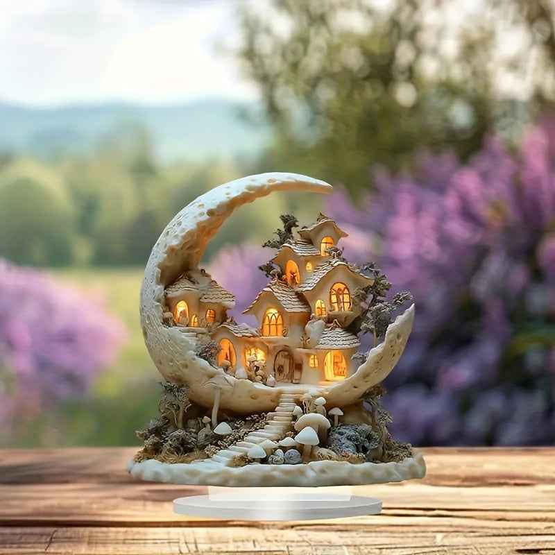 Maanvormige Decoratie met Verlicht Miniatuurdorp