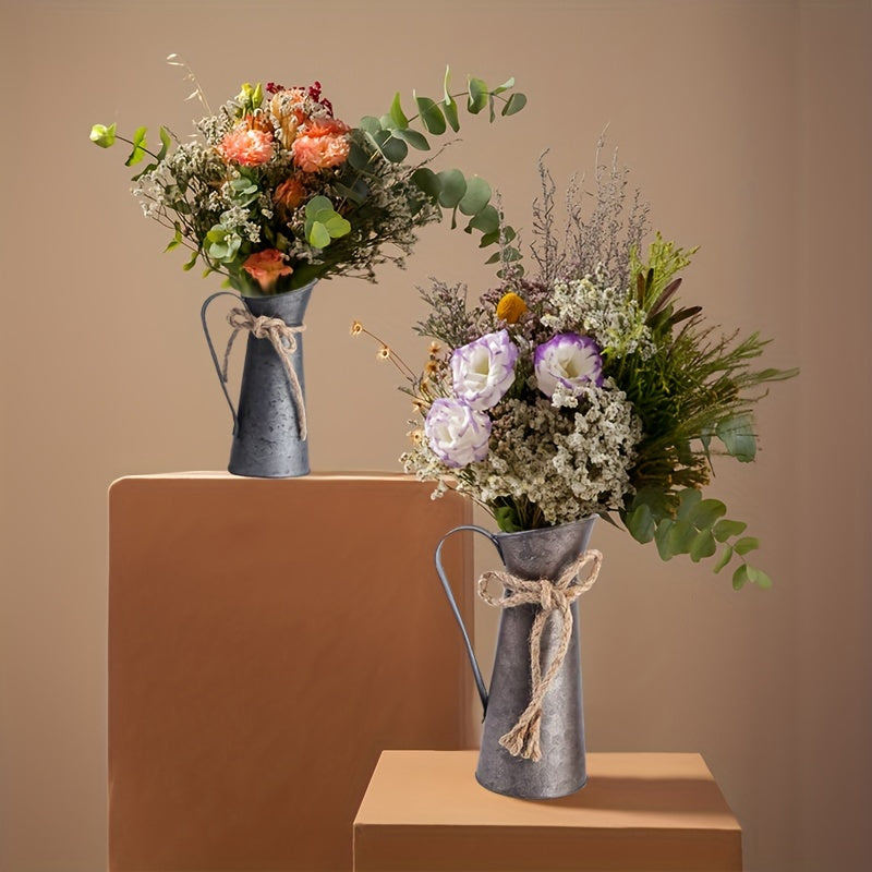 Vintage metalen pichervazen – set van 2 gegalvaniseerde vazen met handvatten voor droogbloemen en landelijke decoratie