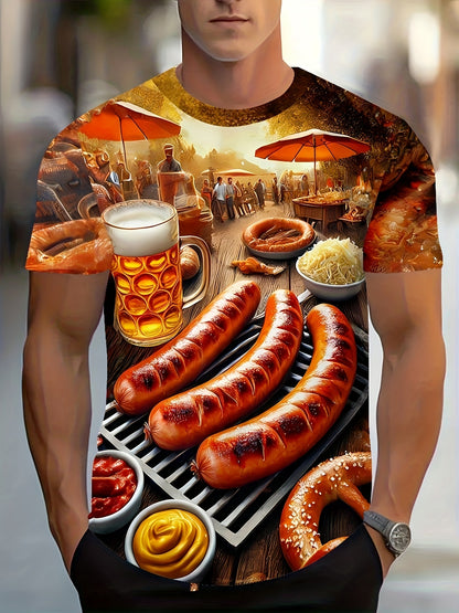 Heren 3D‑Bedrukt Polyester T‑Shirt met BBQ‑Scène