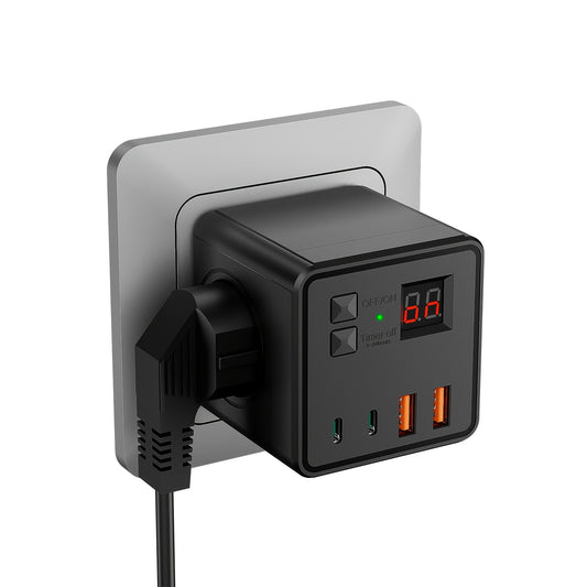 7-in-1 Multi-Socket Cube – 3 AC Stopcontacten, 2 USB, 2 Type-C, Timerfunctie