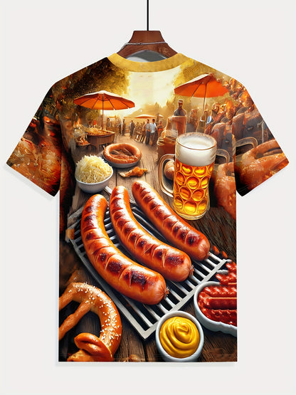 Heren 3D‑Bedrukt Polyester T‑Shirt met BBQ‑Scène