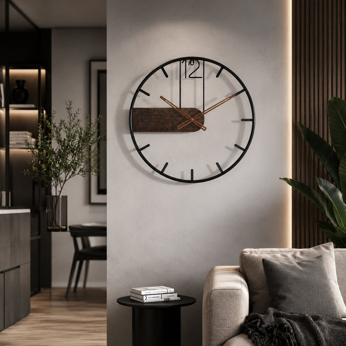 Moderne Wandklok met Stille Tijdsaanduiding en Hout‑Metaal Afwerking