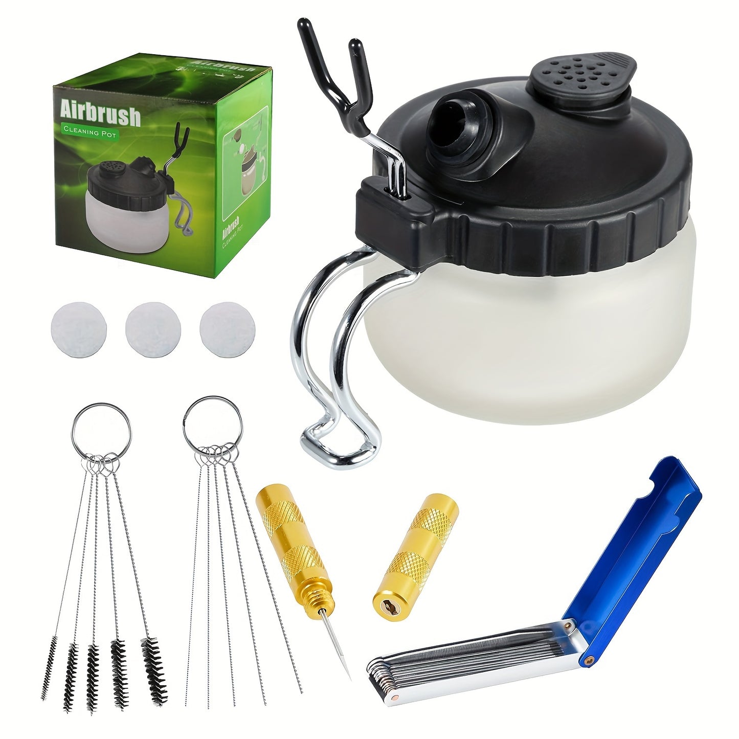 Airbrushreinigingspot met 11-delige reinigingsset – glas, filterdeksel en precisiegereedschap voor spuitpistoolonderhoud