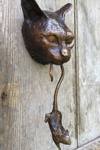 Bronzen Deurklopper met Katmotief en Beweegbare Muis voor Wanddecoratie