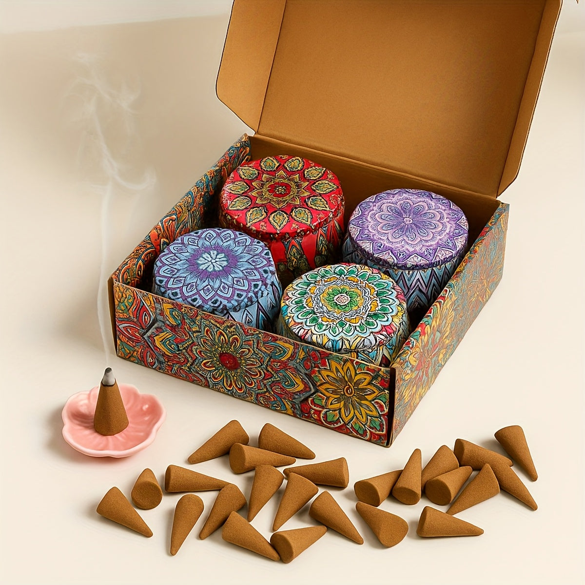 Wierookkegel Geschenkset – 4 Geuren in Decoratieve Pot voor Ontspanning & Luchtzuivering