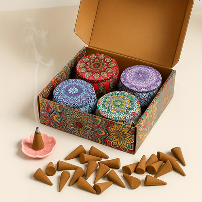 Wierookkegel Geschenkset – 4 Geuren in Decoratieve Pot voor Ontspanning & Luchtzuivering
