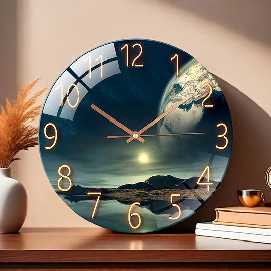Glazen wandklok met aardlandschap design