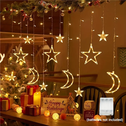 LED lichtslinger – sterren & maan decoratie met 8 knippermodi, warm wit en meerkleurig, batterij-aangedreven voor feestelijke sfeer