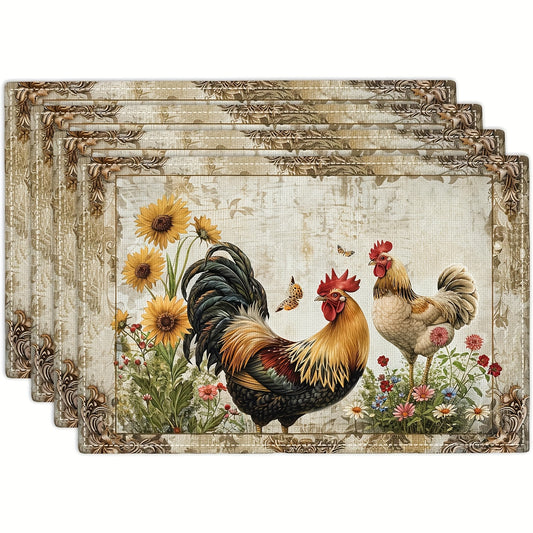 Boerderij Placemats Set – Kippen & Bloemen – Wasbaar