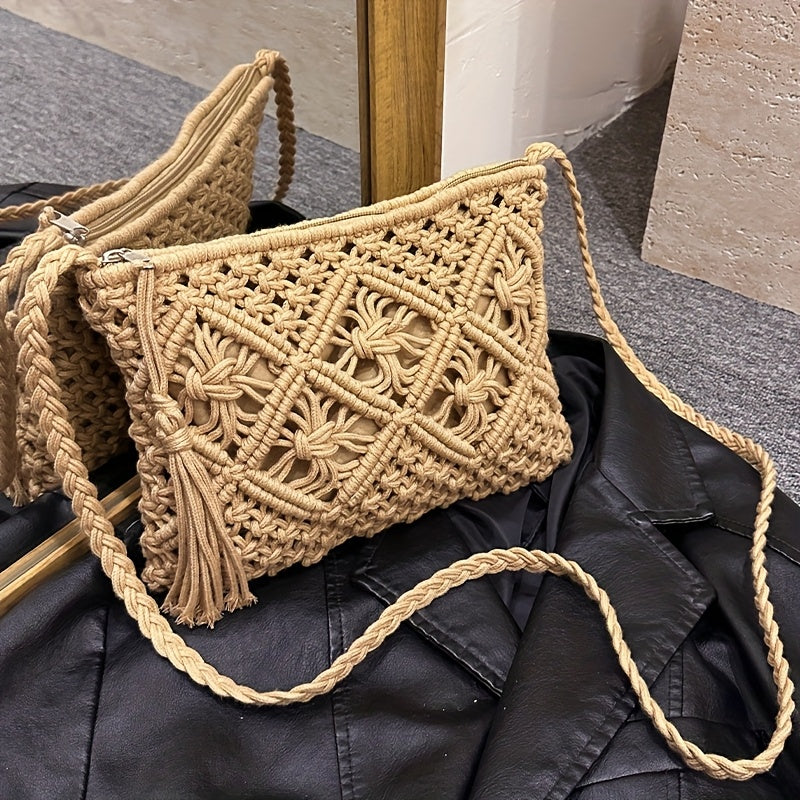 Boho Handgeweven Schoudertas – Zomerse Geometrische Tote