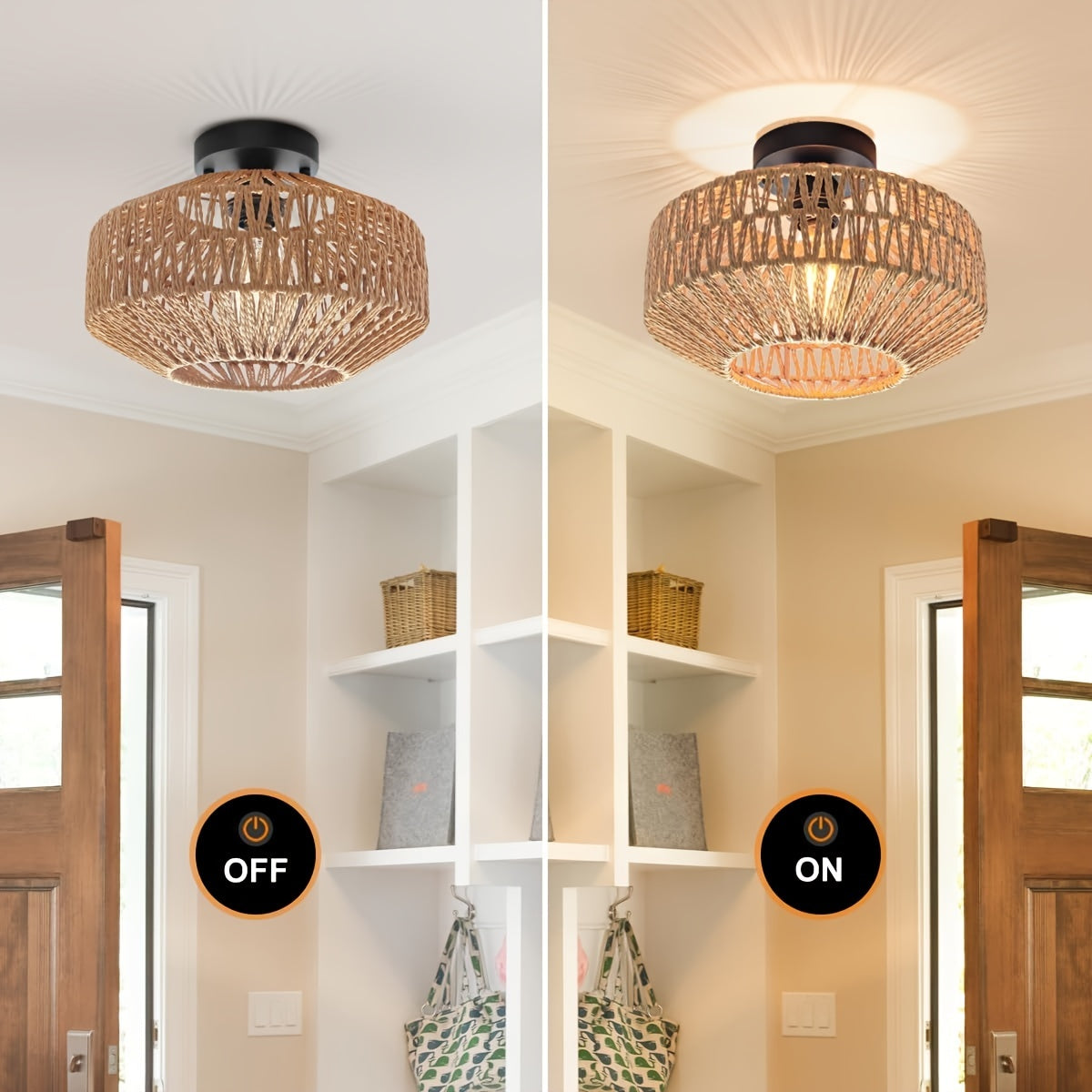 RattanGlow Plafondlamp – Bohemian Semi-Flushmount met Handgeweven Rotan Scherm