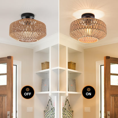 RattanGlow Plafondlamp – Bohemian Semi-Flushmount met Handgeweven Rotan Scherm