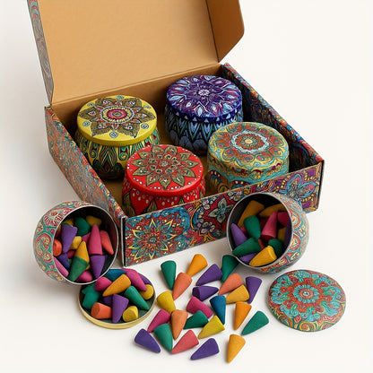 Wierookkegel Geschenkset – 4 Geuren in Decoratieve Pot voor Ontspanning & Luchtzuivering