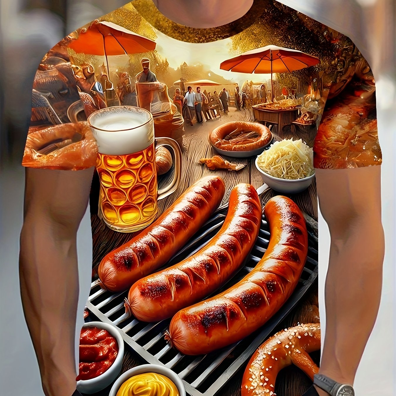 Heren 3D‑Bedrukt Polyester T‑Shirt met BBQ‑Scène