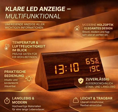 digitale led‑wekker met houtlook behuizing