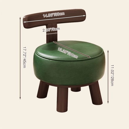 Ronde kruk met lage rugleuning, houten frame en kunstleren zitting
