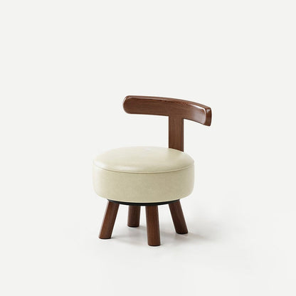 Ronde kruk met lage rugleuning, houten frame en kunstleren zitting