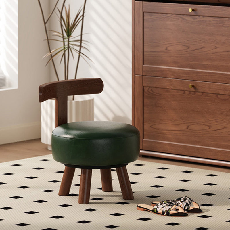Ronde kruk met lage rugleuning, houten frame en kunstleren zitting