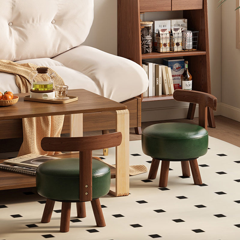 Ronde kruk met lage rugleuning, houten frame en kunstleren zitting