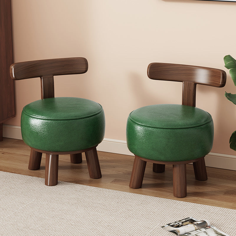 Ronde kruk met lage rugleuning, houten frame en kunstleren zitting