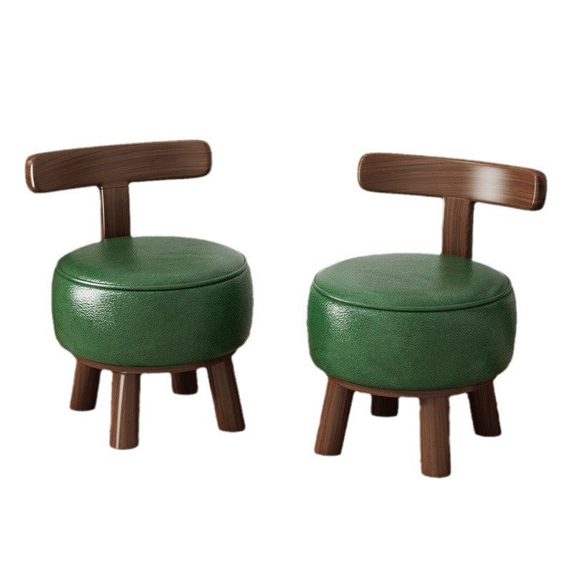 Ronde kruk met lage rugleuning, houten frame en kunstleren zitting