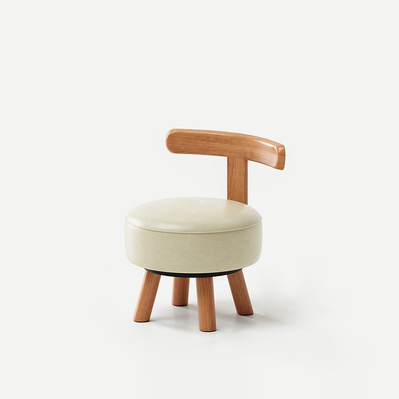 Ronde kruk met lage rugleuning, houten frame en kunstleren zitting