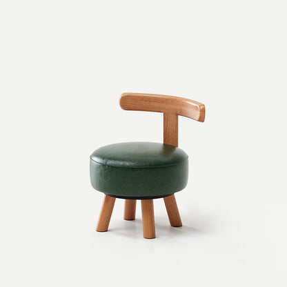 Ronde kruk met lage rugleuning, houten frame en kunstleren zitting