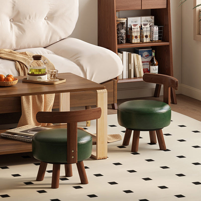 Ronde kruk met lage rugleuning, houten frame en kunstleren zitting