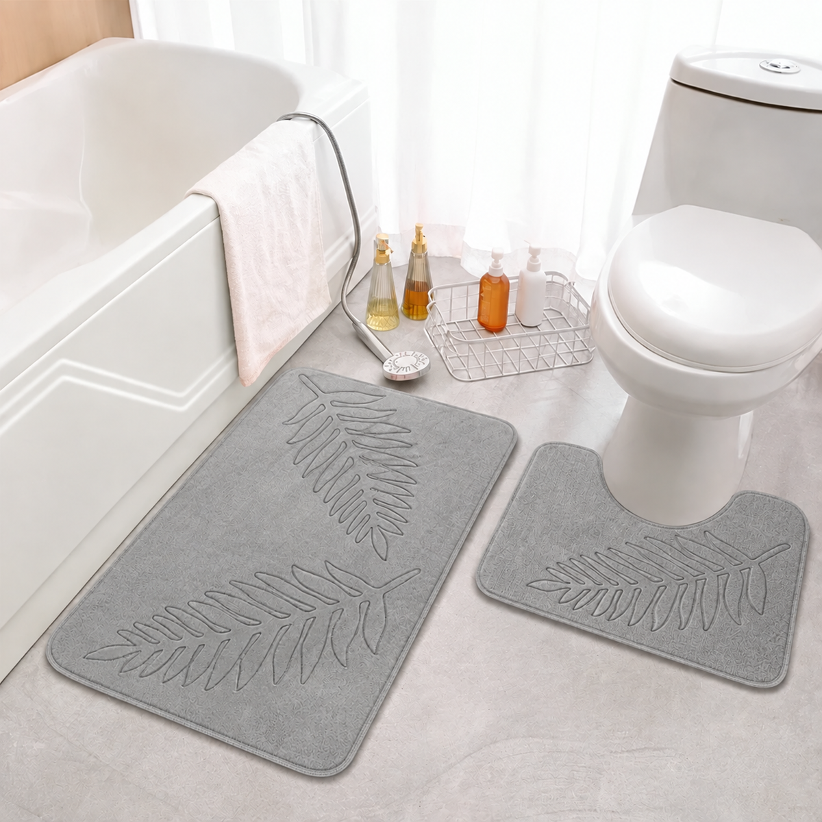Badmat Set Met Bladerenpatroon En Memory Foam Voor Extra Comfort