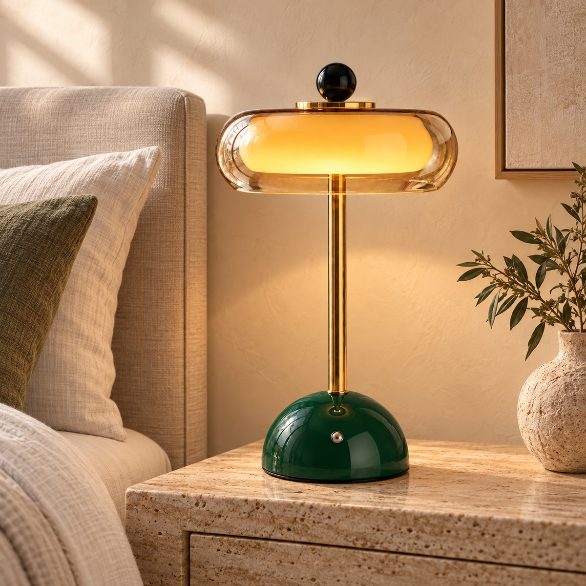 Elegante Glazen Tafellamp met Albast of Amberkleurige Lampenkap