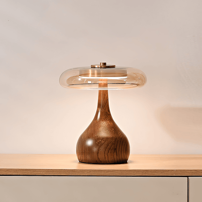 Elegante Tafellamp met Houten Voet en Amberkleurige Glazen Kap