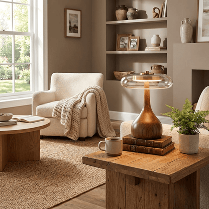 Elegante Tafellamp met Houten Voet en Amberkleurige Glazen Kap