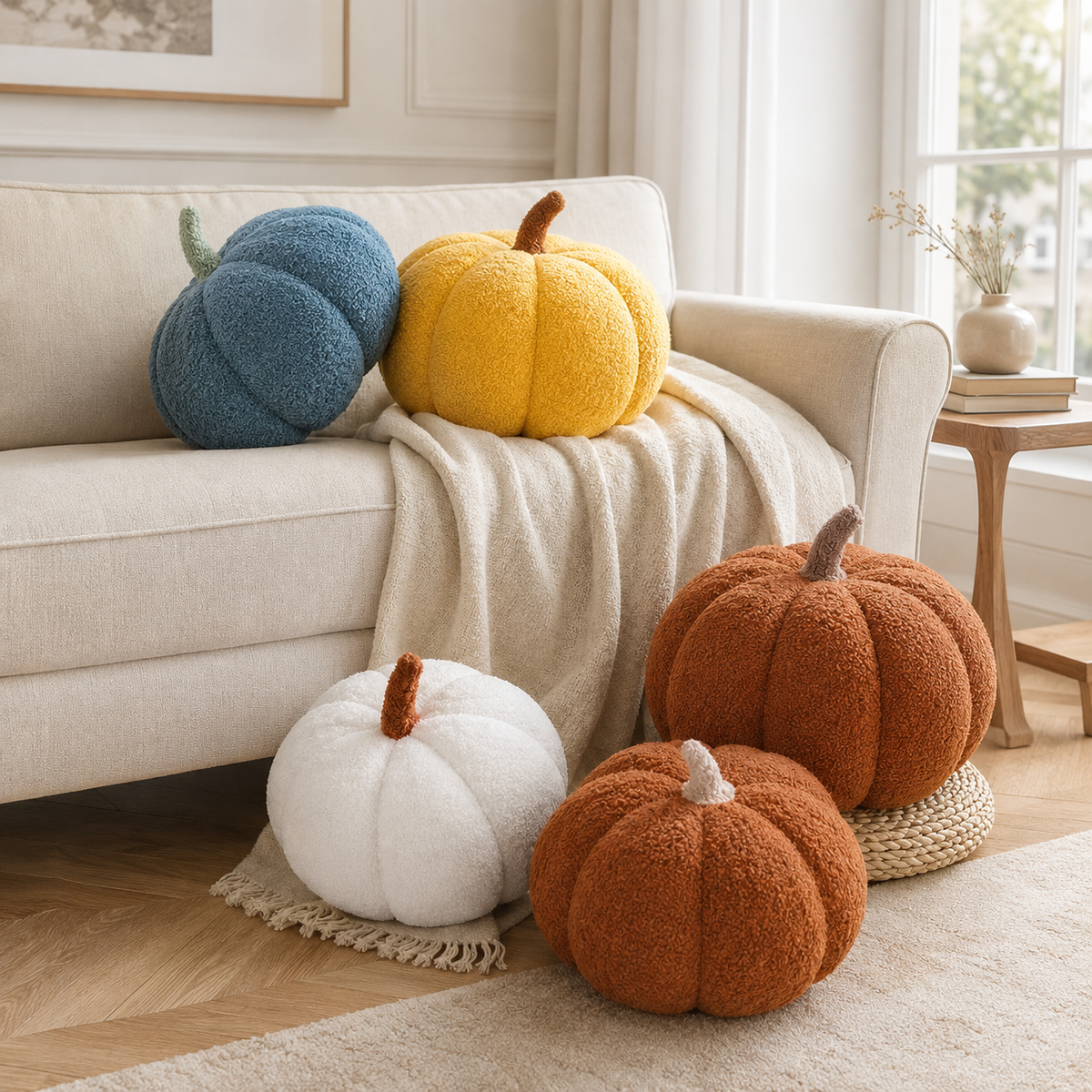 Pluchen Pompoenkussen in Drie Maten voor Herfstdecoratie